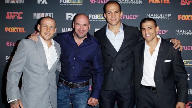 George Sotiropoulos (right) at The Ultimate Fighter: The Smashes launch party in Sydney last year with (from left) Team UK coach Ross Pearson, UFC president Dana White and then-UFC heavyweight champion, Junior dos Santos.