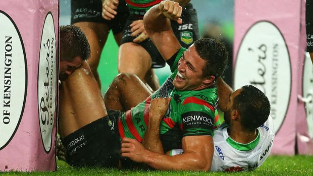 Happy bunny: Sam Burgess touches down.