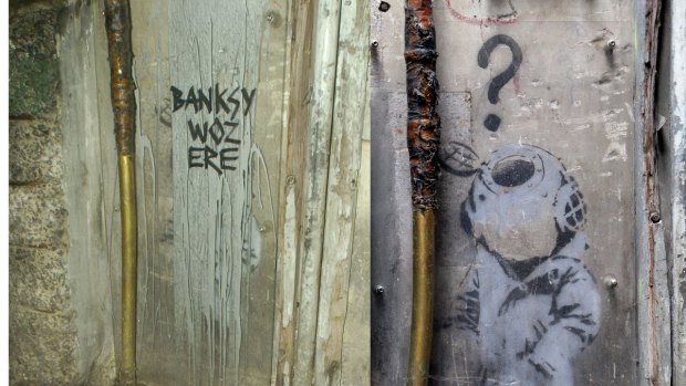 The Little Diver by Banksy (right) and after the vandals struck (left)