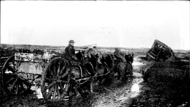Ammunition limbers going up the line through the mud, near Flers, November 1916. Photo: Camera Press, London