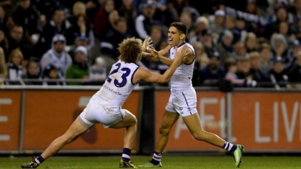 Not celebrating: Dockers Chris Mayne and Michael Walters are both struggling with ankle injuries