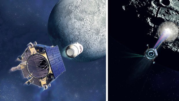 An artist's impression of NASA's Lunar Crater Observation and Sensing Satellite on launch (left) and on impact (right).