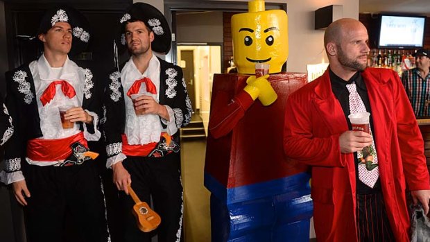 Paul Chapman, right, with amigos Andrew Mackie and Jared Rivers at Geelong's Wacky Wednesday.