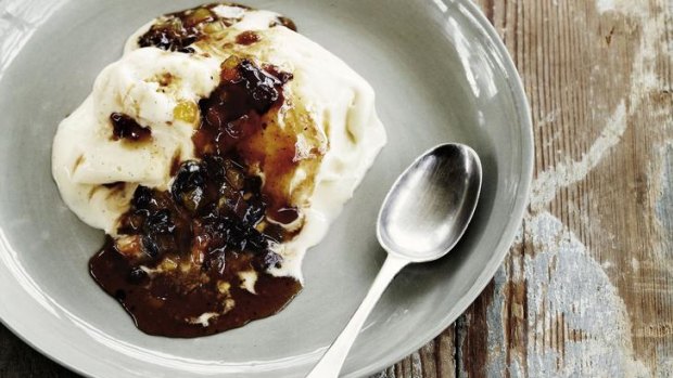 Fruit mince in verjuice syrup with ice cream from Maggie?s Verjuice Cookbook, by Maggie Beer (Lantern, an imprint of Penguin, February 22, 2012, $39.95).