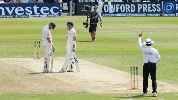 So close: Brad Haddin is given out to hand victory to England at Trent Bridge.