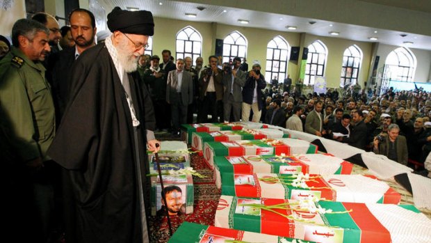 The Iranian supreme leader, Ayatollah Ali Khamenei,  at the funeral for members of the Revolutionary Guard  killed in the explosion.