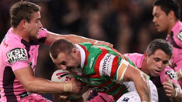 Tough going ... Scott Geddes takes on the Brisbane defence in a hard road trip for the Rabbitohs.