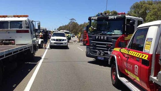 A truck and a car have collided on the northbound lanes of Tonkin Highway, just past Great Eastern Highway. Photo: Lisa Barnes, 6PR