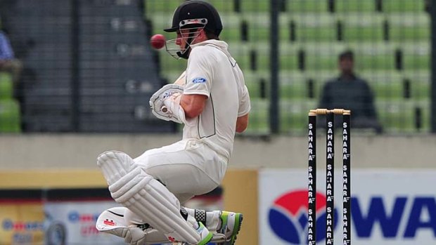 New Zealand's Kane Williamson is hit by a bouncer from Bangladesh paceman Rubel Hossain on the second day of the second Test match on Tuesday.