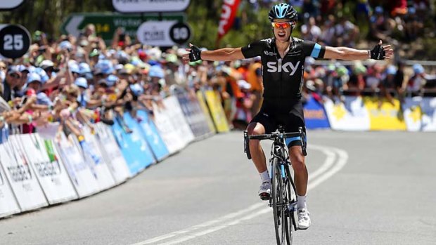 The margin was how big: Richie Porte celebrates his win in stage five of the Tour Down Under on Saturday.