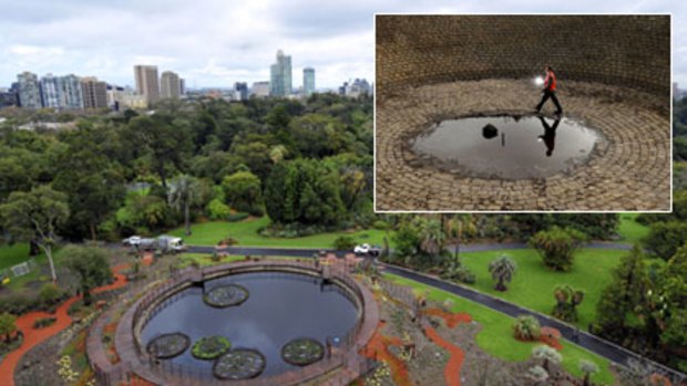 The restored Guilfoyle's Volcano in Melbourne's Royal Botanic Gardens and (inset) what it looked like in July 2008.