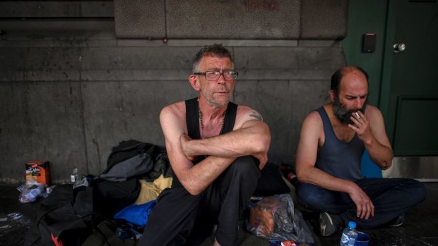 Allan, left, at his camp on Flinders Street with Pete.