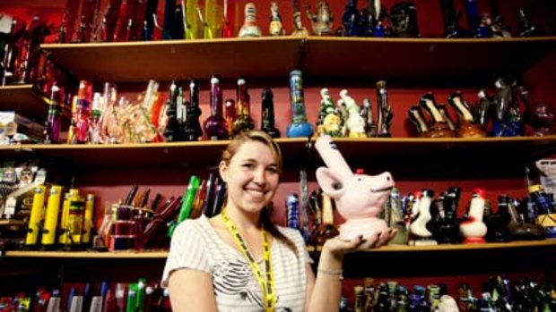 Emily with some of the bongs for sale in Off Ya Tree.
