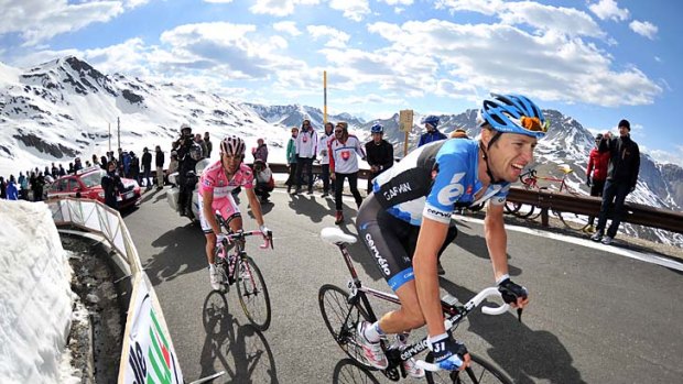 Elevated hopes: Canada's Ryder Hesjedal leads Spain's Giro d'Italia leader Joaquim Rodriguez over the Italian Alps.
