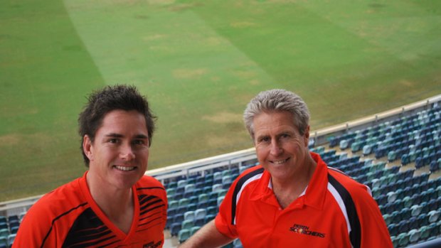 Skipper for the Perth Scorchers, Marcus North, with outgoing WACA chief executive Graeme Wood.