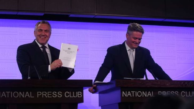 Treasurer Joe Hockey and Senator Mathias Cormann Finance at the press club discussing the Mid-Year Economic and Fiscal Outlook.