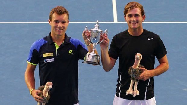 Lucas Miedler of Austria (left) and Bradley Mousley of Australia with the winners trophy.