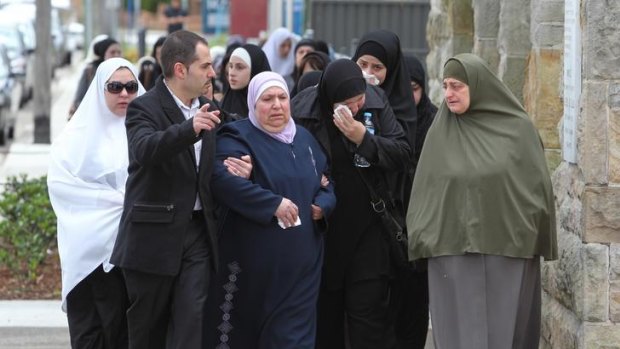 "Tragedy" ... mourners leave Lakemba mosque after the funeral of Rodney Elkass.