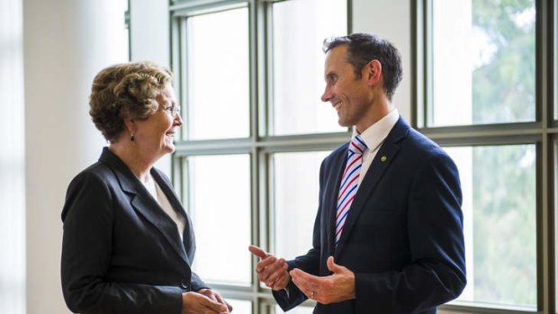 Andrew Leigh talks to Jan McLucas at Parliament House as she hands over the duties of Parliamentary Secretary to the Prime Minister.