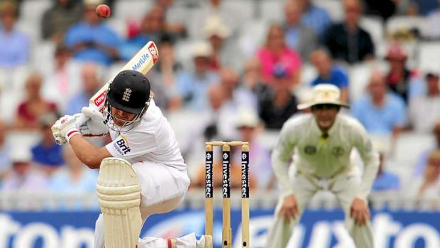 Slow going: Jonathan Trott ducks under a bouncer.