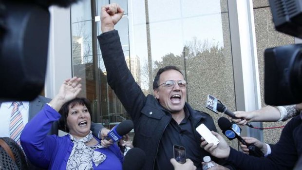 Paul Cachia yells for joy after a life sentence for Roger Dean.