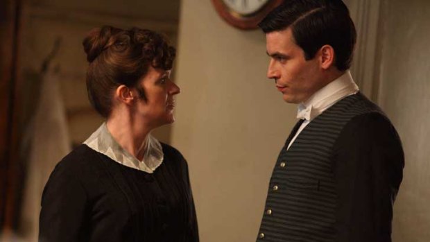 Siobhan Finneran as Mary O'Brien and Rob James-Collier as Thomas Barrow in <i>Downton Abbey</i>