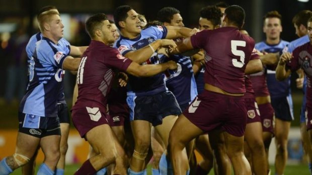 Spiteful: The Under-20s Origin clash on Saturday night featured a string of flare-ups.