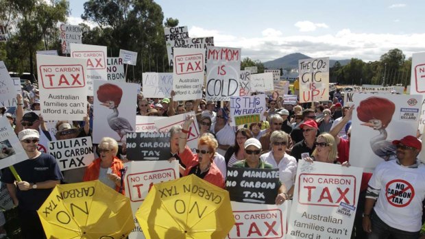 Protesters at the No Carbon Tax rally outside Parliament House in Canberra today.