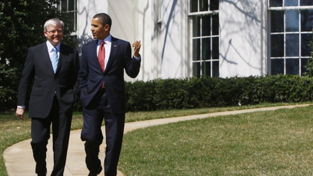 Kevin Rudd and Barack Obama share a light-hearted moment at the White House.