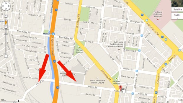 A map, created by the state government's Linking Melbourne Authority and seen by Fairfax Media, contains dotted lines indicating on and off ramps that connect the elevated link to Arden Street and to Lloyd Street, above.