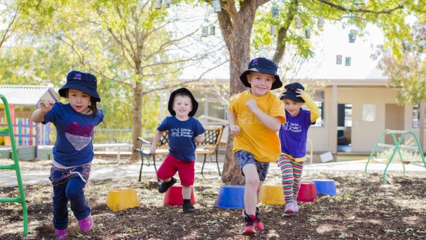 Charles Conder Preschool pupils (from left) Mia White, Isaac Siminis, Eli Shaw, and Maggie Mullumby enjoy the Kids at Play program. 

The Canberra Times

Photo Jamila Toderas