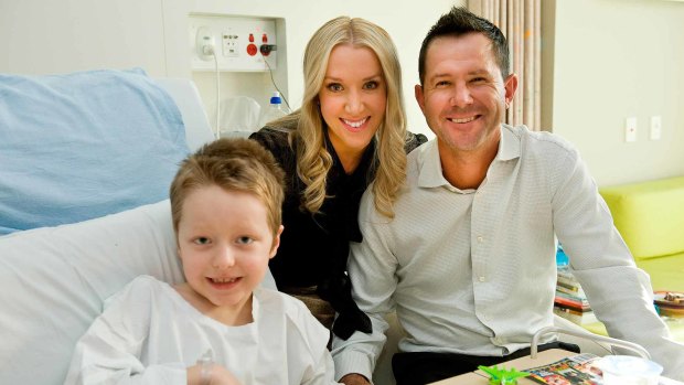 Helping hand &#8230; Ricky Ponting and his wife Rianna with Jake Steel.
