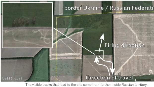 A still from the Bellingcat report shows launch positions of rockets fired from Russia at Ukraine forces. 