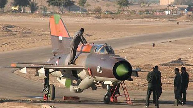 The Syrian air force Russian-made MiG-21 plane that a pilot landed with in the King Hussein military base in Mafraq in northern Jordan.