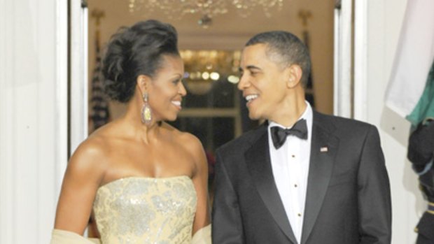 Nude or champagne? ... Michelle Obama's gown sets off a colour controversy.