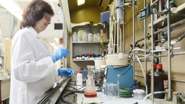 Kodak research technician Grace Bennett synthesises proprietary Kodak ink in the synthetic chemistry lab.