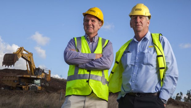Joe and Dennis Wagner at their airport construction site at Toowoomba. Their brother John says there is no 'rocket science' in getting an airport built.