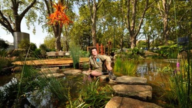 Phillip Johnson in his award-winning 'Habitat' display at the Carlton Gardens.