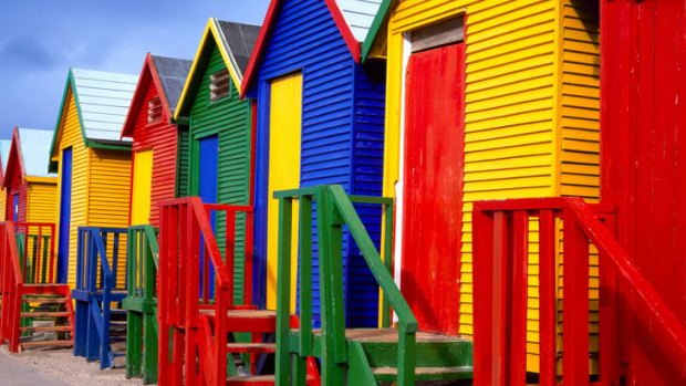Fish Hoek: colourful old seaside chalets near the city.