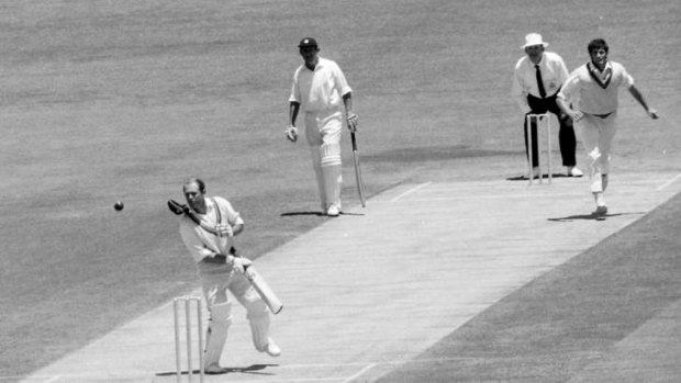 England opening batsman Geoff Boycott loses his cap while facing WA fast bowler Dennis Lillee.