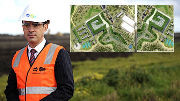 Water Minister Tim Holding at the site yesterday. Insets: The plant plans, left, and the earlier 'question mark', right.