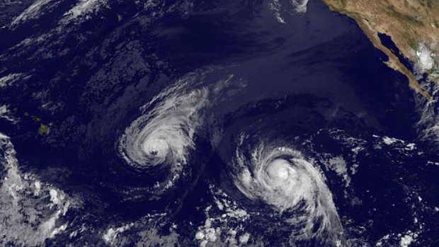 Double trouble ... Hurricane Iselle, centre, and Tropical Storm Julio, right, are heading toward Hawaii, left. Hurricane Iselle was about 1700 km east of Hawaii, moving west at 15 km/h with maximum winds of 200 km/h, the National Hurricane Centre said. 