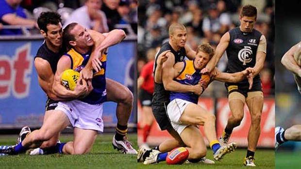 Eagles drop in: (From left) Ashton Hams, Scott Selwood and Luke Shuey demonstrate how West Coast is winning a disproportionate number of frees for high tackles.