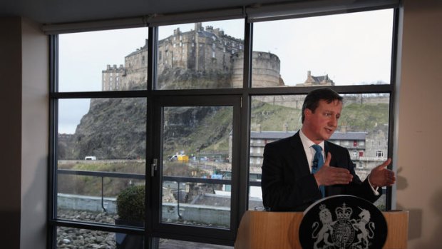 British Prime Minister David Cameron speaks at the Apex Hotel in Edinburgh, Scotland.