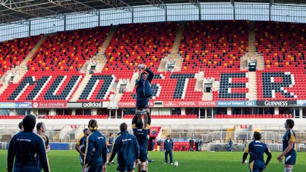 Up for it . . . the Wallabies training at Munster's Thomond Park Stadium in Limerick on Monday.