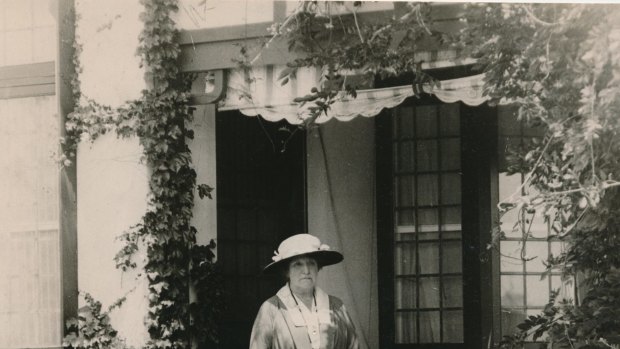 Dame Nellie Melba, pictured in 1931 on the front verandah at Coombe Cottage, Coldstream. 