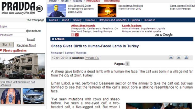 Human-like face ... how the story of the lamb appears on the Pravda website.