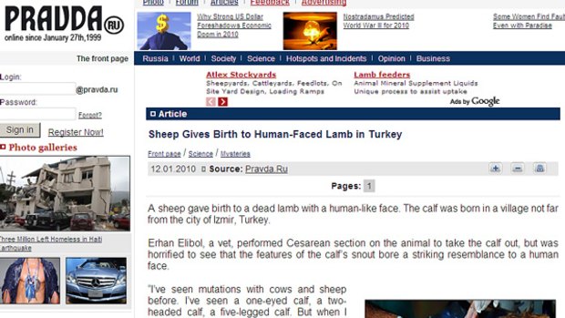 Human-faced lamb ... as the story appears on the Pravda website.