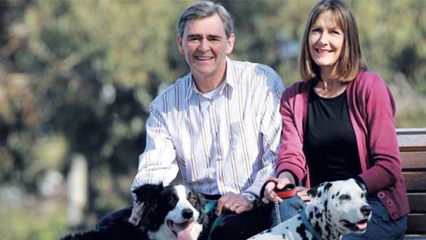 Premier John Brumby with his wife, Rosemary McKenzie, and their dogs Storm and Ella. ‘‘If you worried about the knockers you’d never do anything in this job. Sometimes you’ve just got to push on and do what’s right in the long term.’’