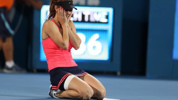 In the pink: Tsvetana Pironkova reacts after beating Angelique Kerber.